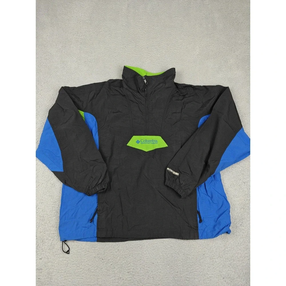 Vintage Columbia Jacket‎ Mens XL Black Blue Green 1/4 Zip Windbreaker 90s